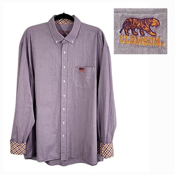 Clemson Tigers Long Sleeve Button Down Shirt Men's XXL 45-46 Purple Check Cuffs - Picture 1 of 13
